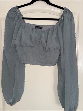 SHEIN Dusty Blue Swiss Dot Puff-Sleeve Crop Blouse